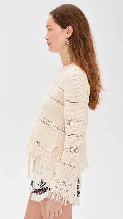 IM Azilis Open Stitch Fringe Cotton Crewneck Sweater Pullover