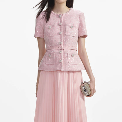 SP Pink Boucle Midi Dress Sequin Pleated Chiffon