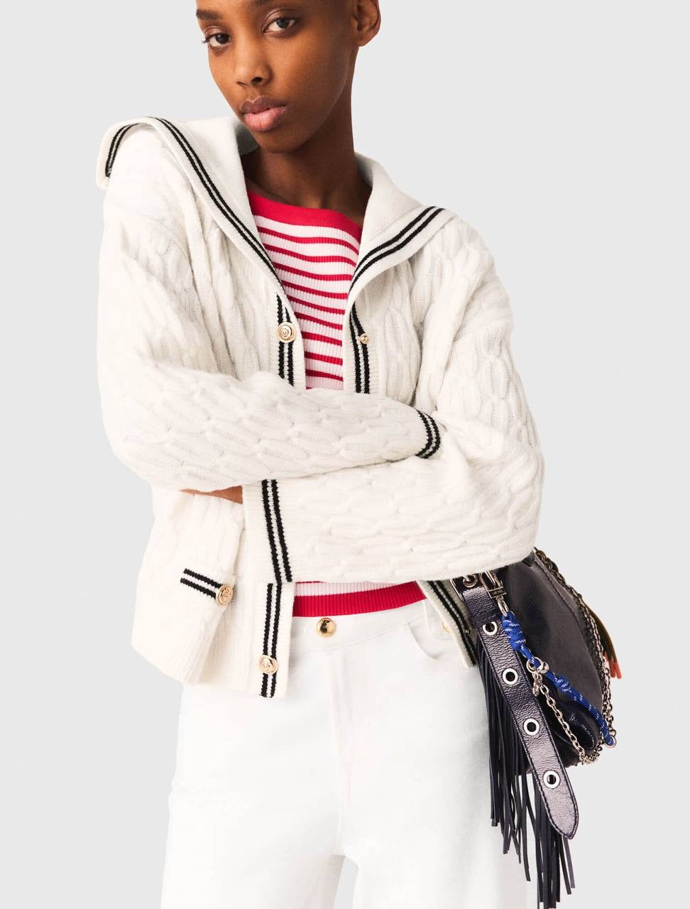 MJ Mirayalo Wool Cable-Knit Sailor Boat Neck Cardigan