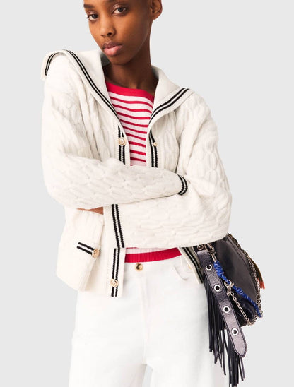 MJ Mirayalo Wool Cable-Knit Sailor Boat Neck Cardigan