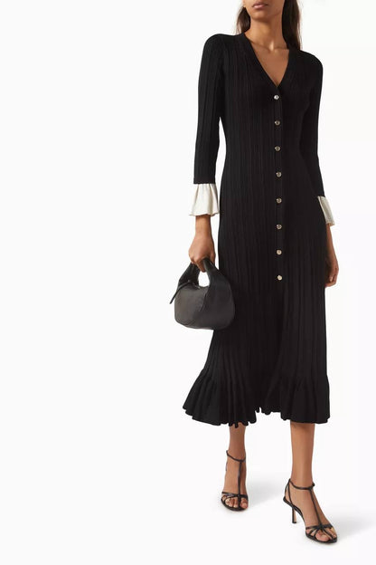 SD Knitted V Neck Contrast Sleeve Midi Dress in Navy blue & Black