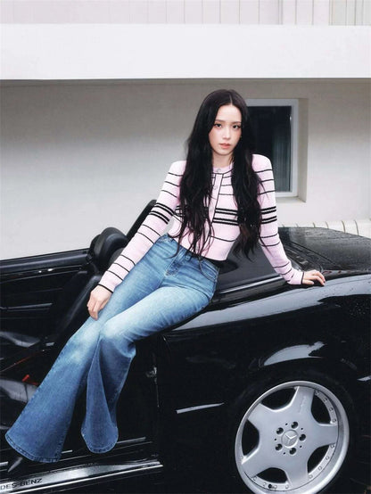 SP Pink Stripe Knit Cardigan | Mini Skirt| Jisoo Set
