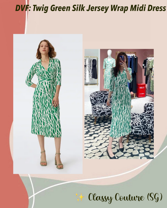 DVF Twig Green Silk Jersey Wrap Midi Dress