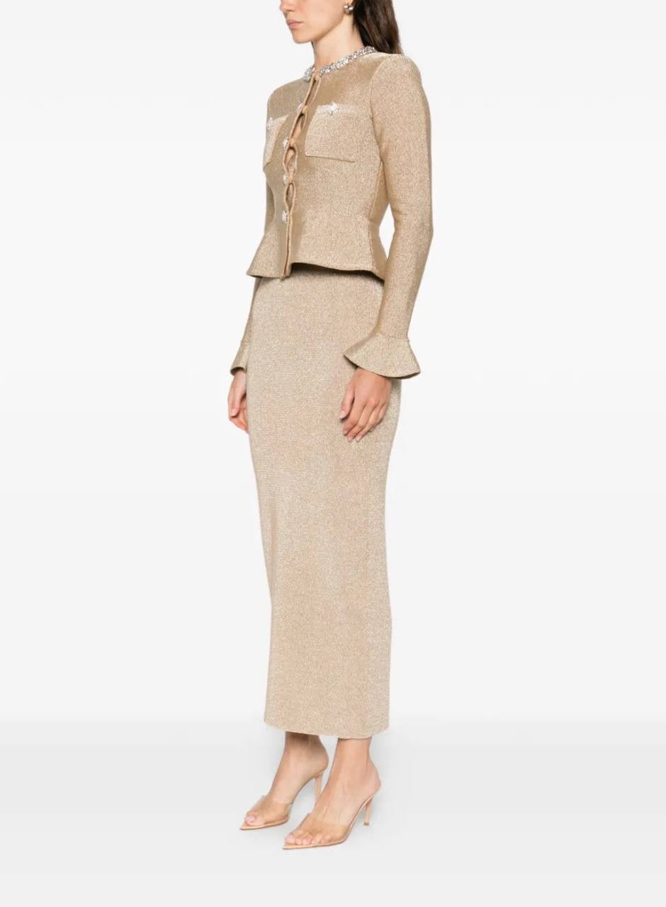 SP Gold Crystal Trim Peplim Midi Dress