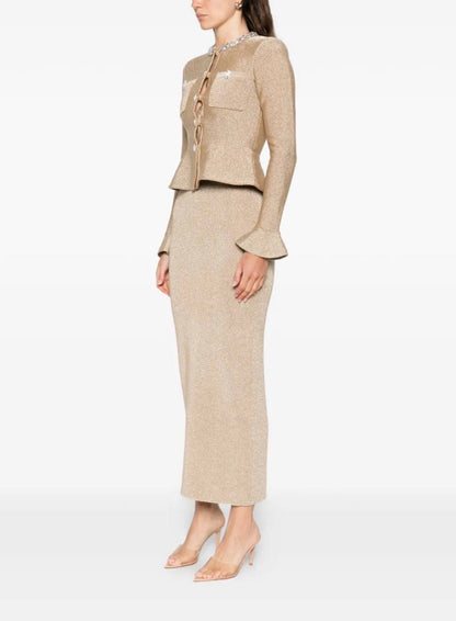 SP Gold Crystal Trim Peplim Midi Dress