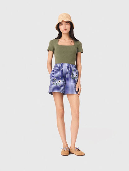 MJ Embroidered Bead Sequin Stripe Shirt | Shorts | Cotton-blend Set
