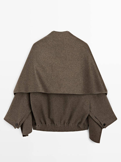 MD Wool-Blend Bomber Jacket With Detachable Scarf Cape