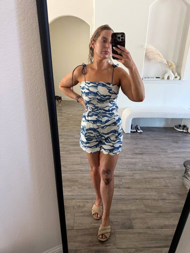 HFM Yara Tie Tank Cami Top | Petra Shorts | Sea/light blue Scallop Hem Cotton-Linen Set