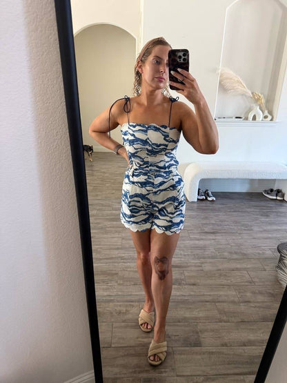 HFM Yara Tie Tank Cami Top | Petra Shorts | Sea/light blue Scallop Hem Cotton-Linen Set