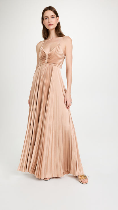 ALC Aries Pleated Maxi Dress in Bella Bronze Pink and Mandarin Orange