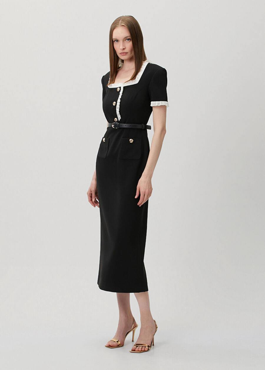 SP Black Crepe Contrast Frill Midi Dress