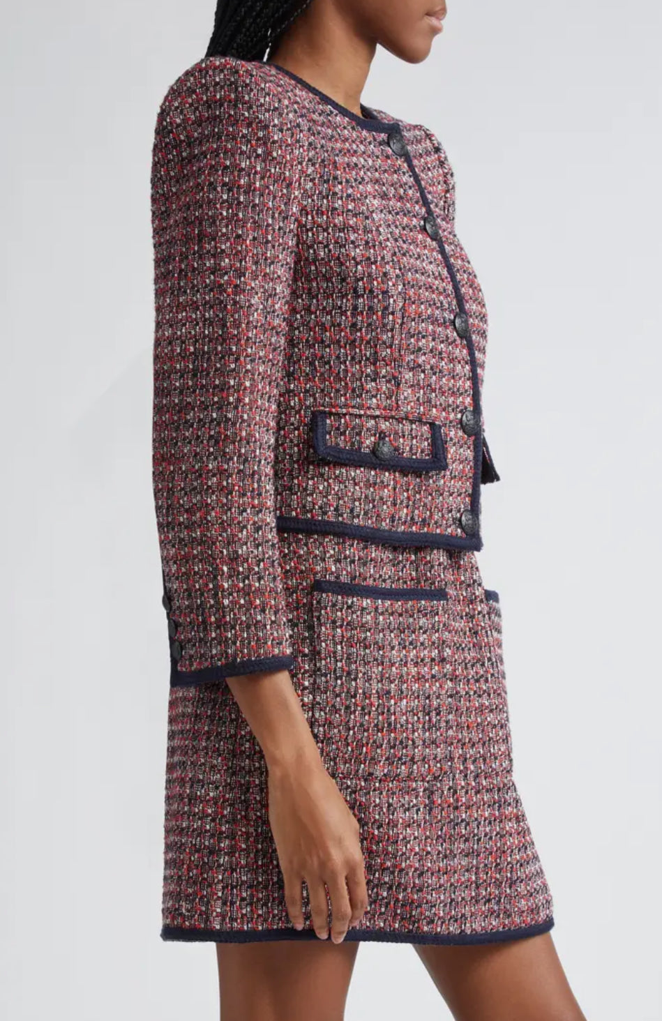 VB Ceres Metallic Tweed Jacket | Ravenna Sleeveless Mini Dress | Set in Red Blaze / Navy Multi