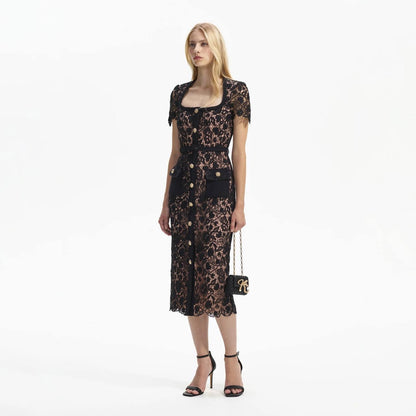 SP Black Guipure Lace Short Sleeve Midi Dress