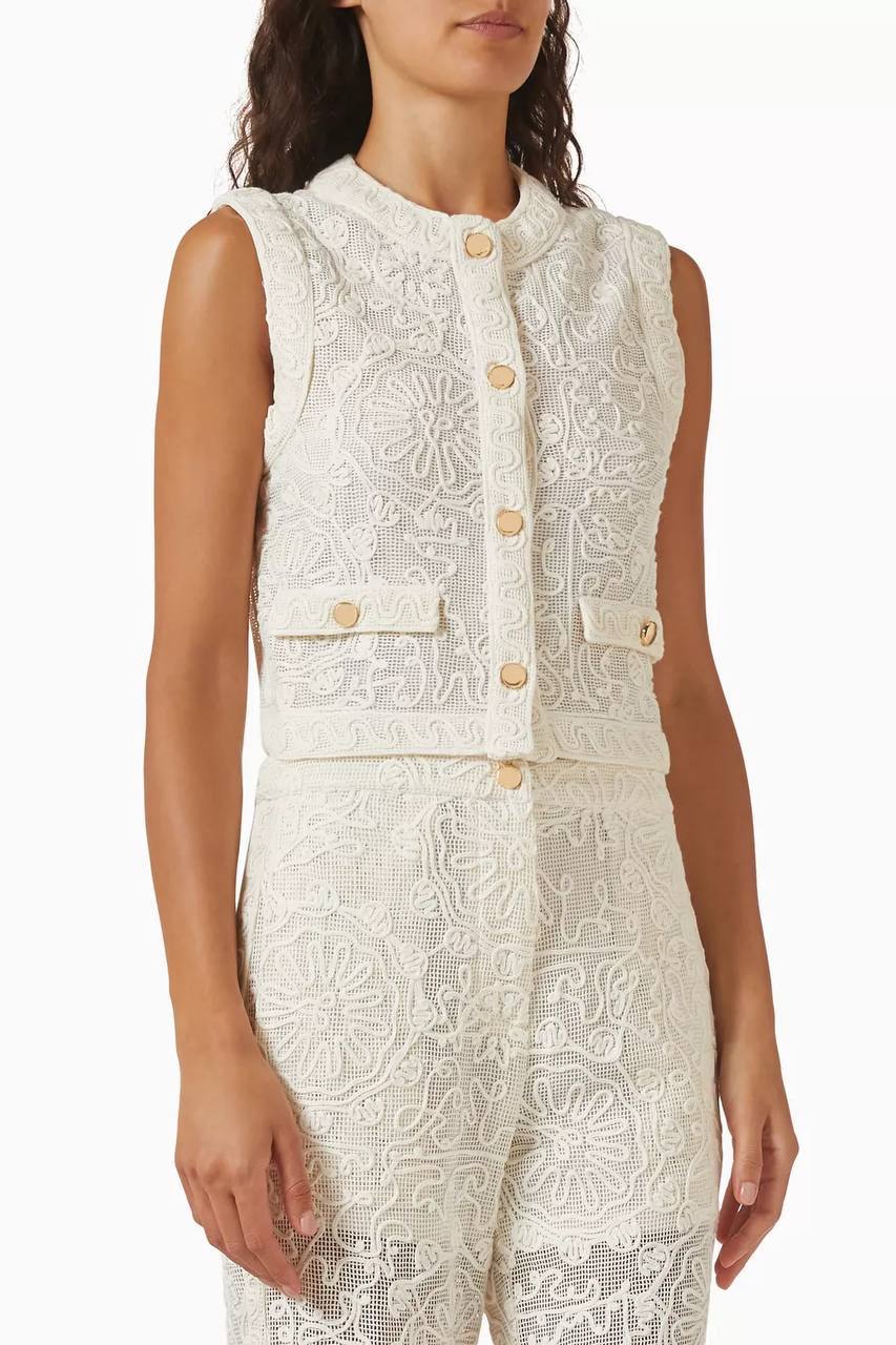 MJ Laros Guipure Lace Sleeveless Jacket Vest Top | Paros Trousers Pant | Cotton Set