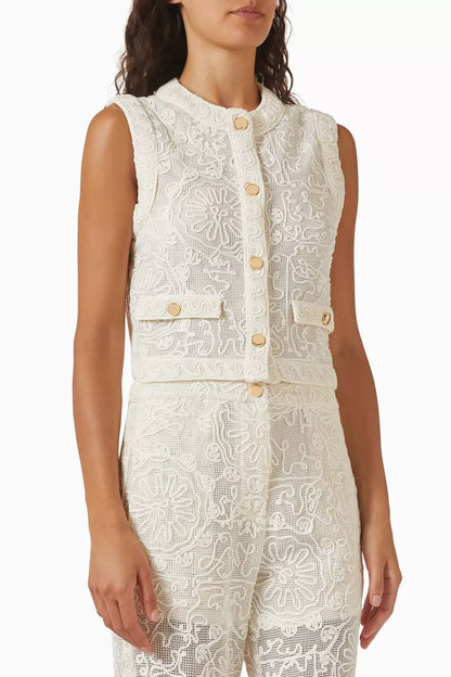 MJ Laros Guipure Lace Sleeveless Jacket Vest Top | Paros Trousers Pant | Cotton Set