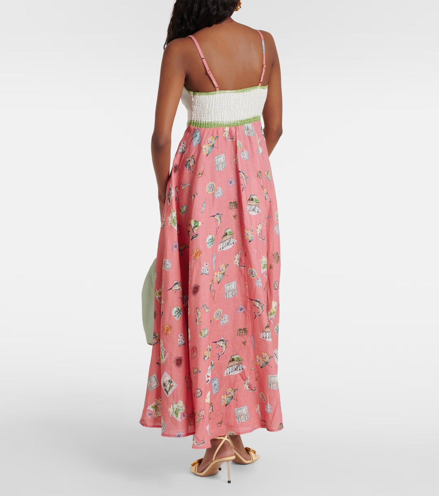 ALM Coral Pink Sea Printed Linen Sundress Midi Dress