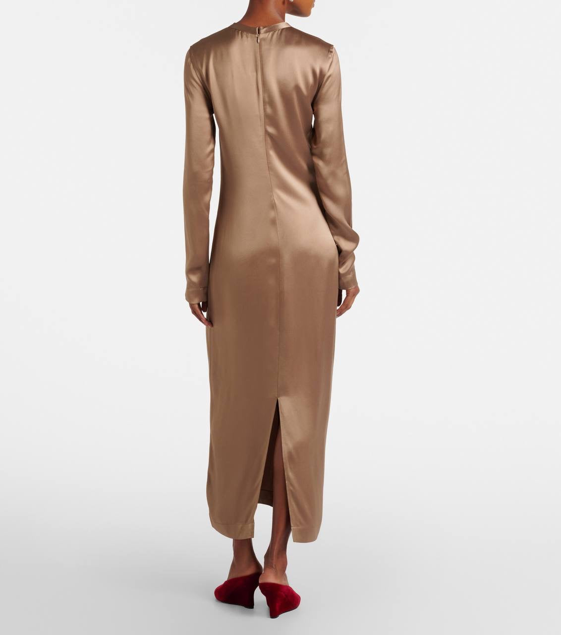 TOT Viscose Satin High-Neck Long Sleeve Midi Maxi Dress