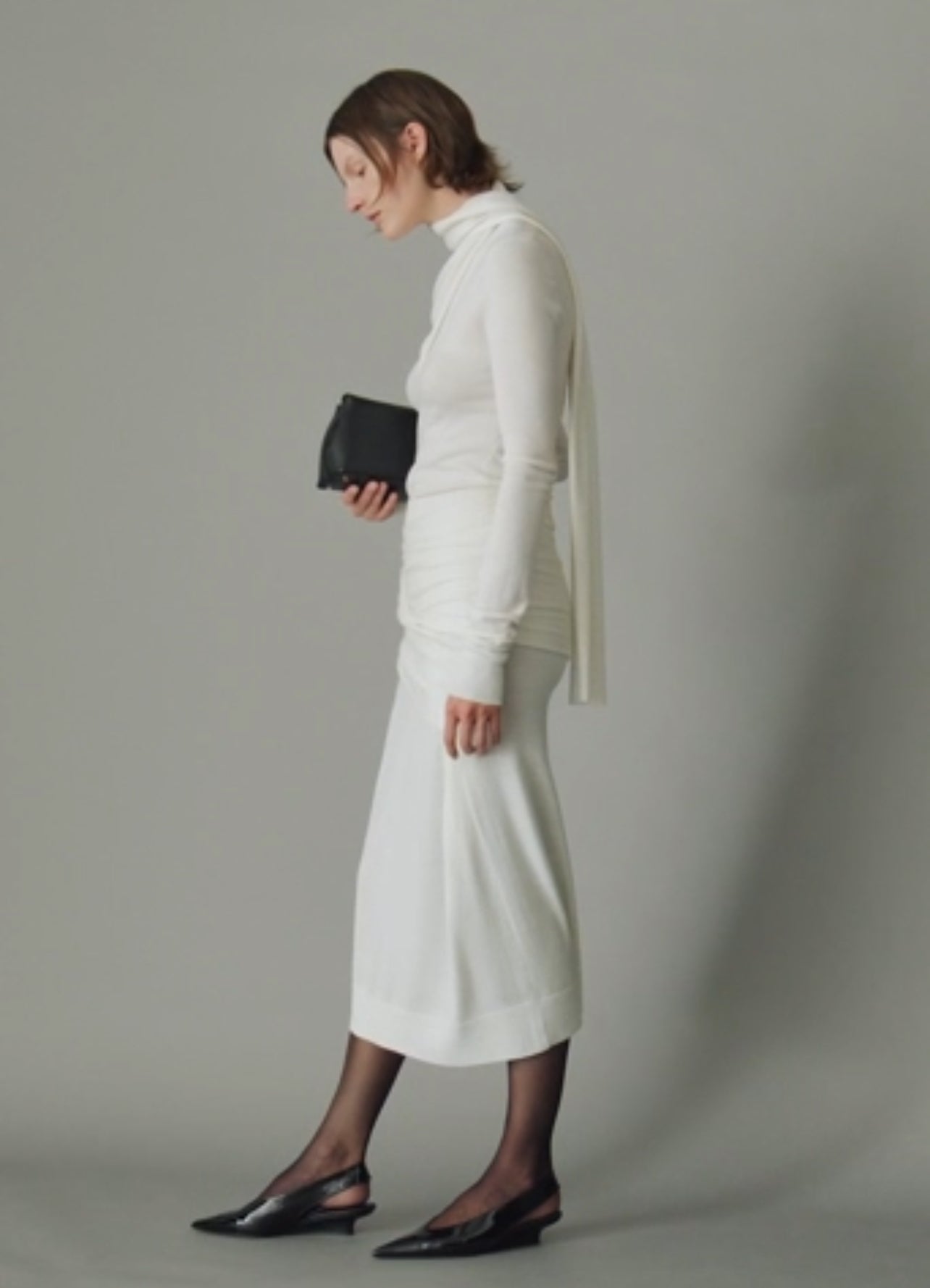 Tot Draped Scarf Fine Knit Top | Midi Skirt | Wool-Silk Set