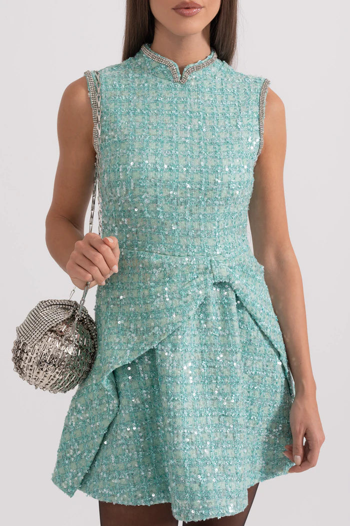 SALE! SP Mint Turquoise Green Boucle Sequin Gathered Mini Dress