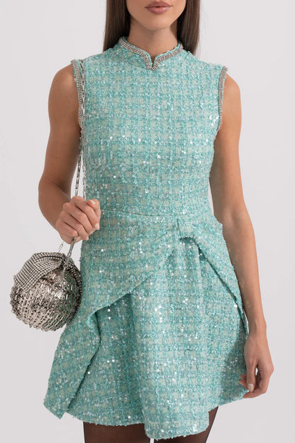 SALE! SP Mint Turquoise Green Boucle Sequin Gathered Mini Dress