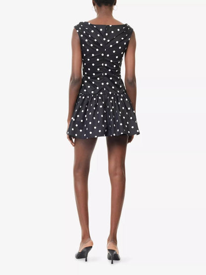 SP Black Polka Dot V-Neck Off Shoulder Cotton-Blend Mini Dress