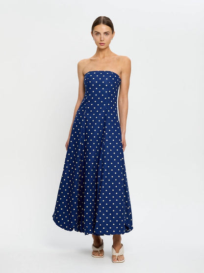 KV Lily One-Shoulder Toga Midi Dress | Strapless Bubble Cotton-Linen Polka Dot Maxi Dress