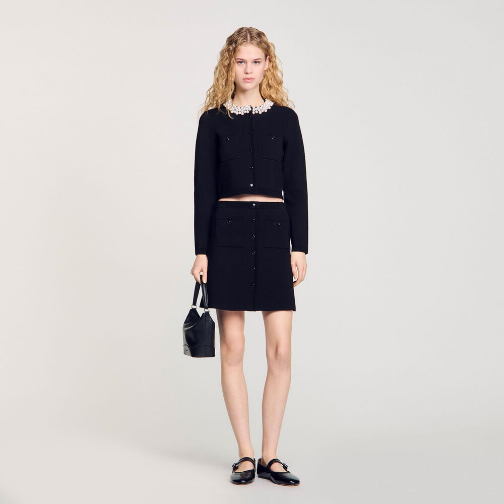 SD Cardigan with Pearl Beaded Collar | Short Knit Mini Skirt | Set