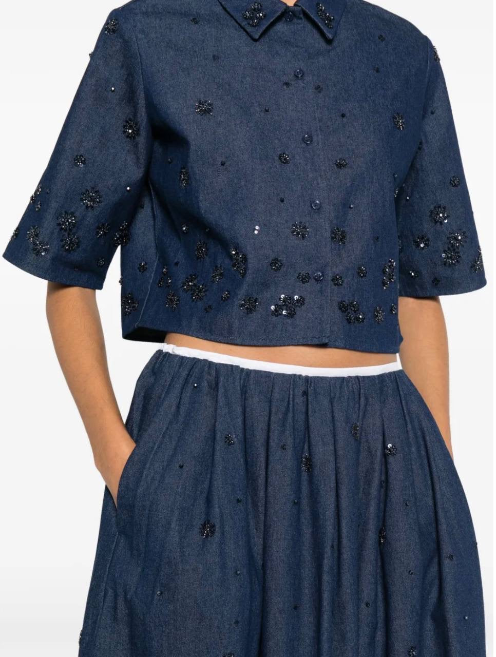 MJ Cobradi Crop Top | Jobradita Midi Skirt | Layered Shorts Skort | Embroidered Denim Embellished Crystal Set