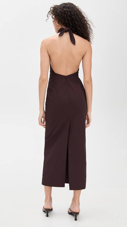 SA Structural Tie Halter Twill Midi Dress