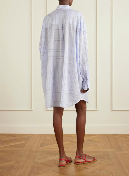 4 Colors! Tot Long Summer Cotton-blend Embroidered Monogram Oversized Shirt Shirtdress Mini Dress