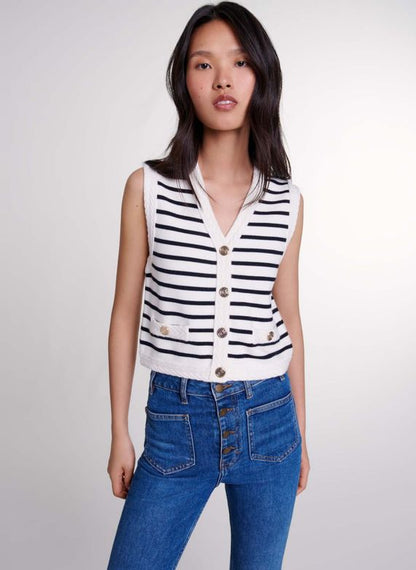 MJ Melisse Striped Knit Sleeveless Cardigan Vest Top | Elisse Mini Skirt | Wool Blend Set in Navy/Ecru