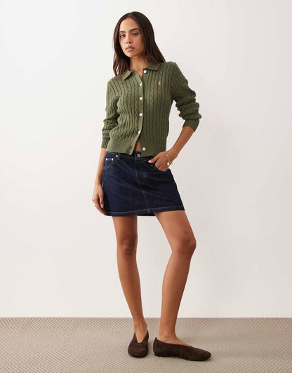Polo Collar Mini Cable-Knit Cotton Cardigan