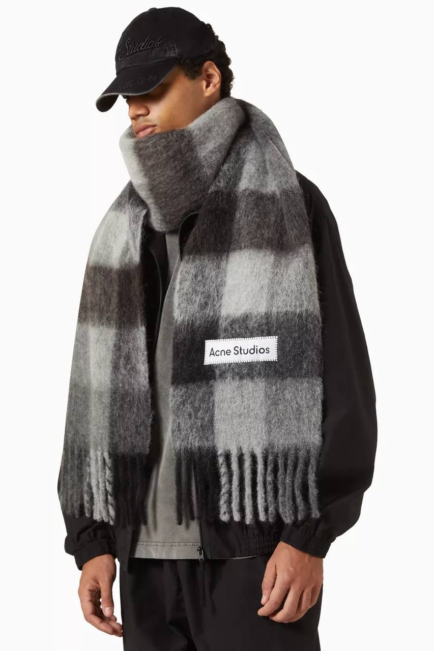 4 Colors! AC Checked Alpaca-Wool-Mohair blend Fringed Scarf