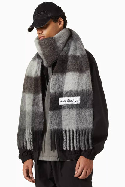 4 Colors! AC Checked Alpaca-Wool-Mohair blend Fringed Scarf