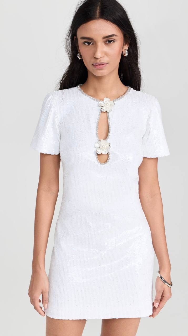 SALE! SP Jisoo White Sequin Embellished Floral Broach Keyhole Mini Dress