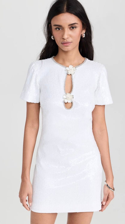SALE! SP Jisoo White Sequin Embellished Floral Broach Keyhole Mini Dress