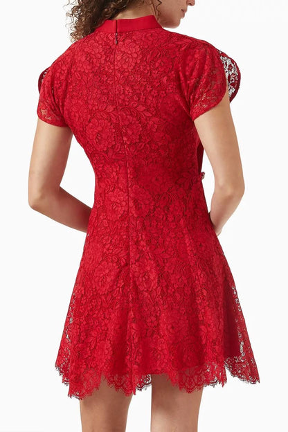 SP Red Lace Cap-Sleeve Cotton-Blend Cheongsam Qipao Mini Dress
