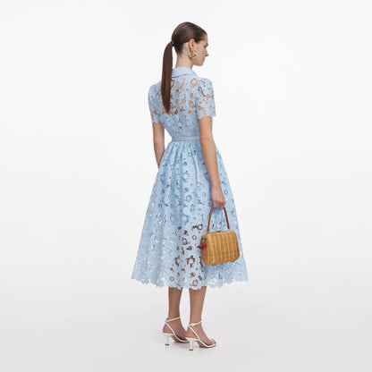 SP Blue Lace Collared Belted Shirtdress Midi Dress