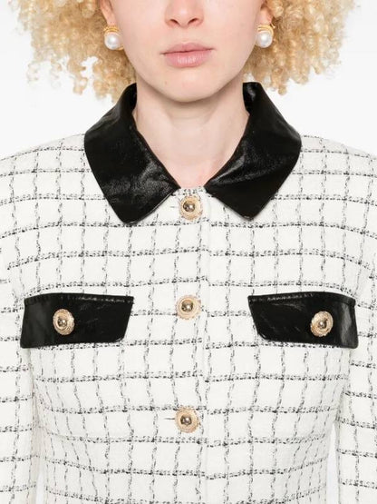 SP Check Boucle Leather Trim Long Sleeve Mini Dress