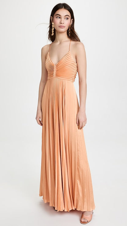 ALC Aries Pleated Maxi Dress in Bella Bronze Pink and Mandarin Orange