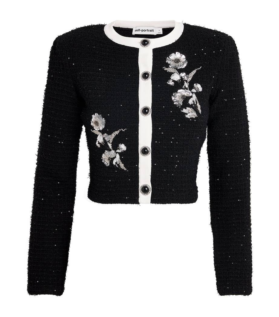 SP Black Textured-Knit Embellished Floral Jacket | Skirt