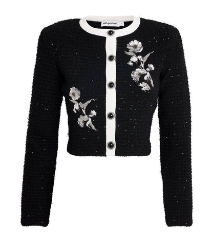 SP Black Textured-Knit Embellished Floral Jacket | Skirt