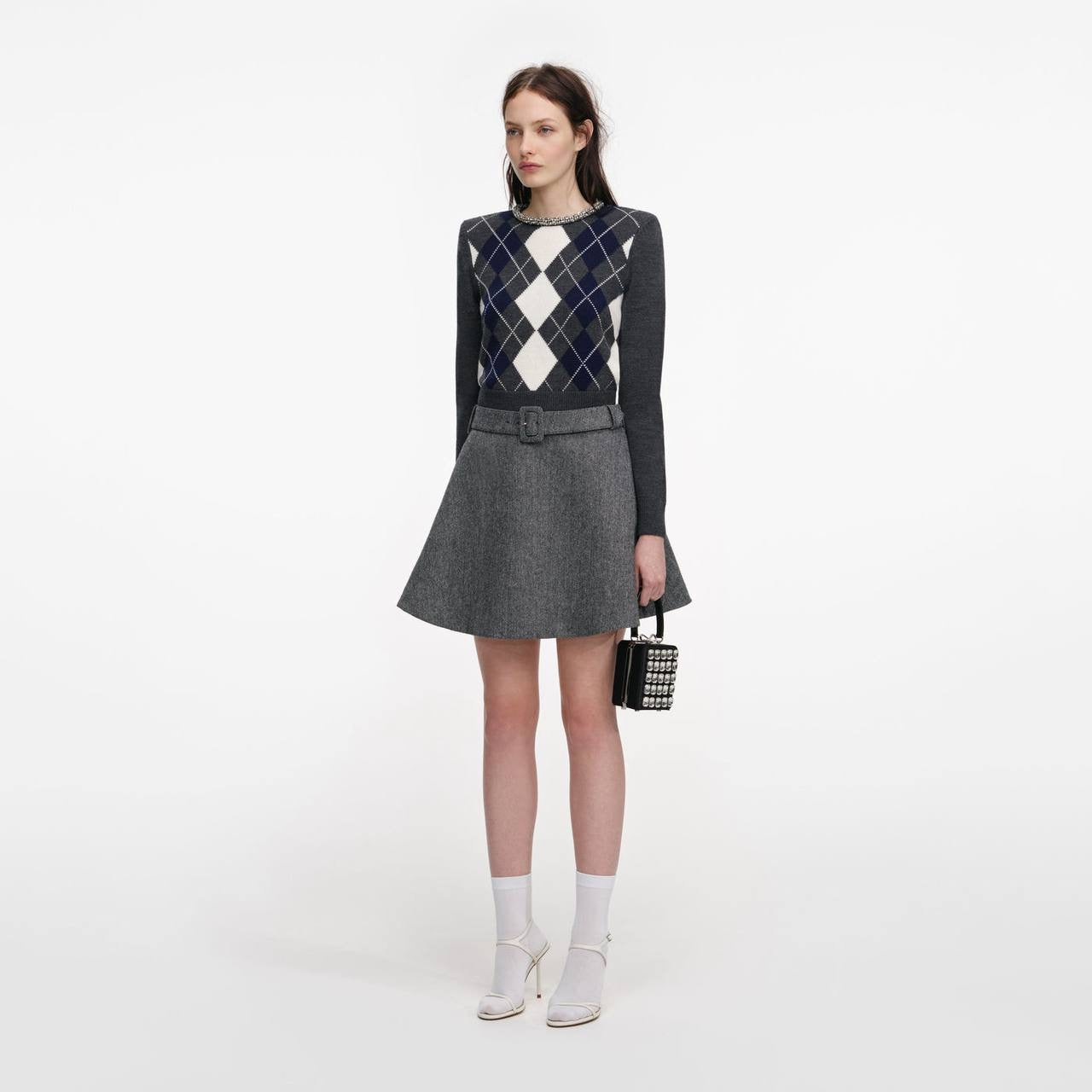 SP Embellished Crystal Cropped Sweater Jumper in Grey Argyle & Cream