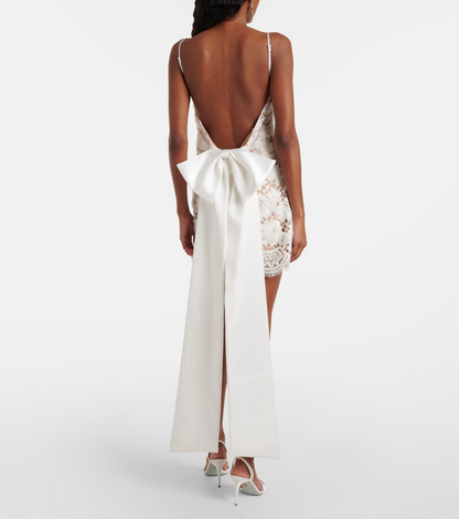 SP White Lace Scalloped-Hem Bow Open Back Mini Dress