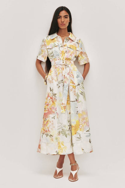 AJ Manon Linen-viscose Belted Midi Dress