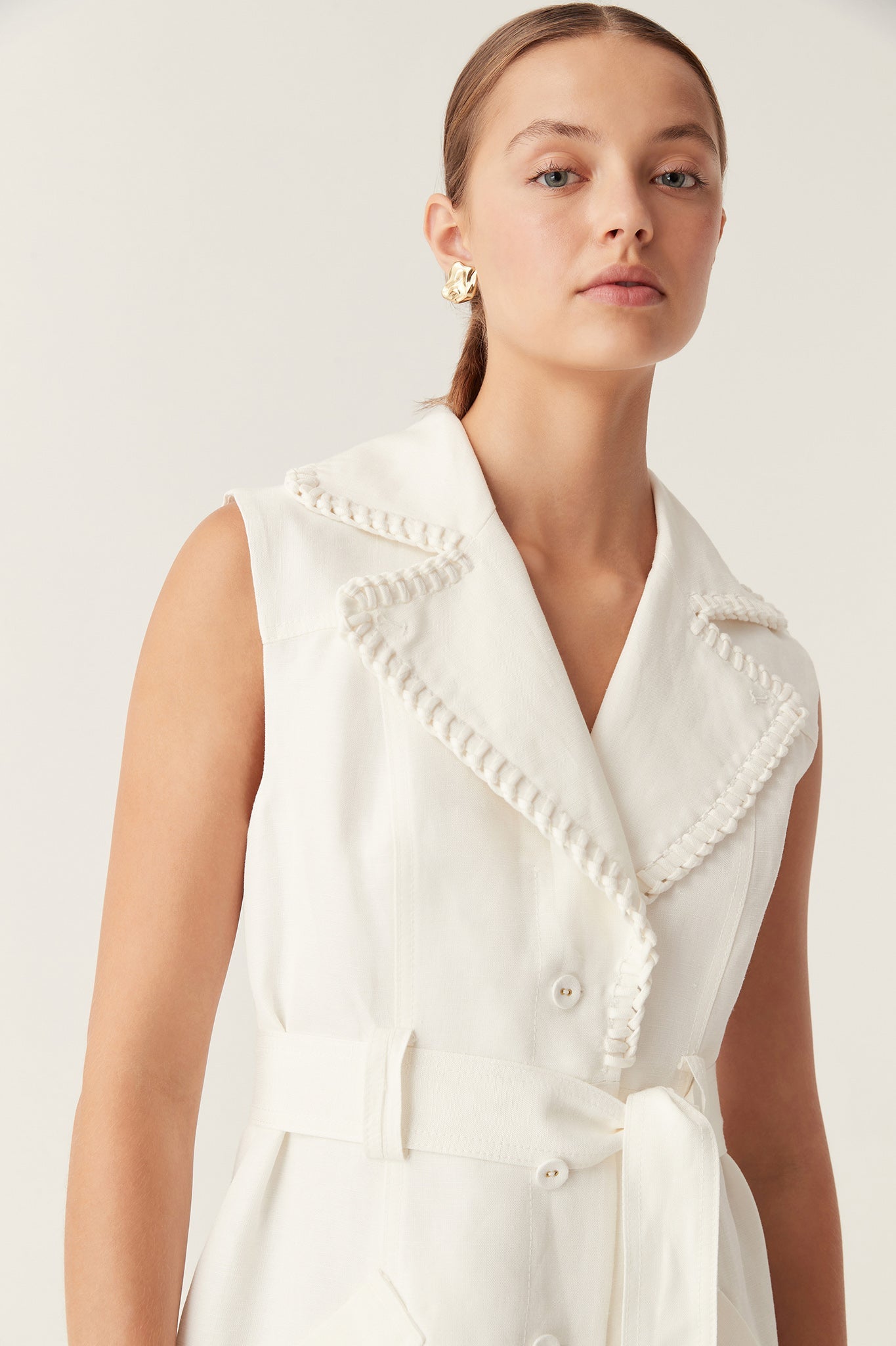 AJ Encompass | Sahira Barbstitch Linen Rayon Utility Mini Dress in Ivory