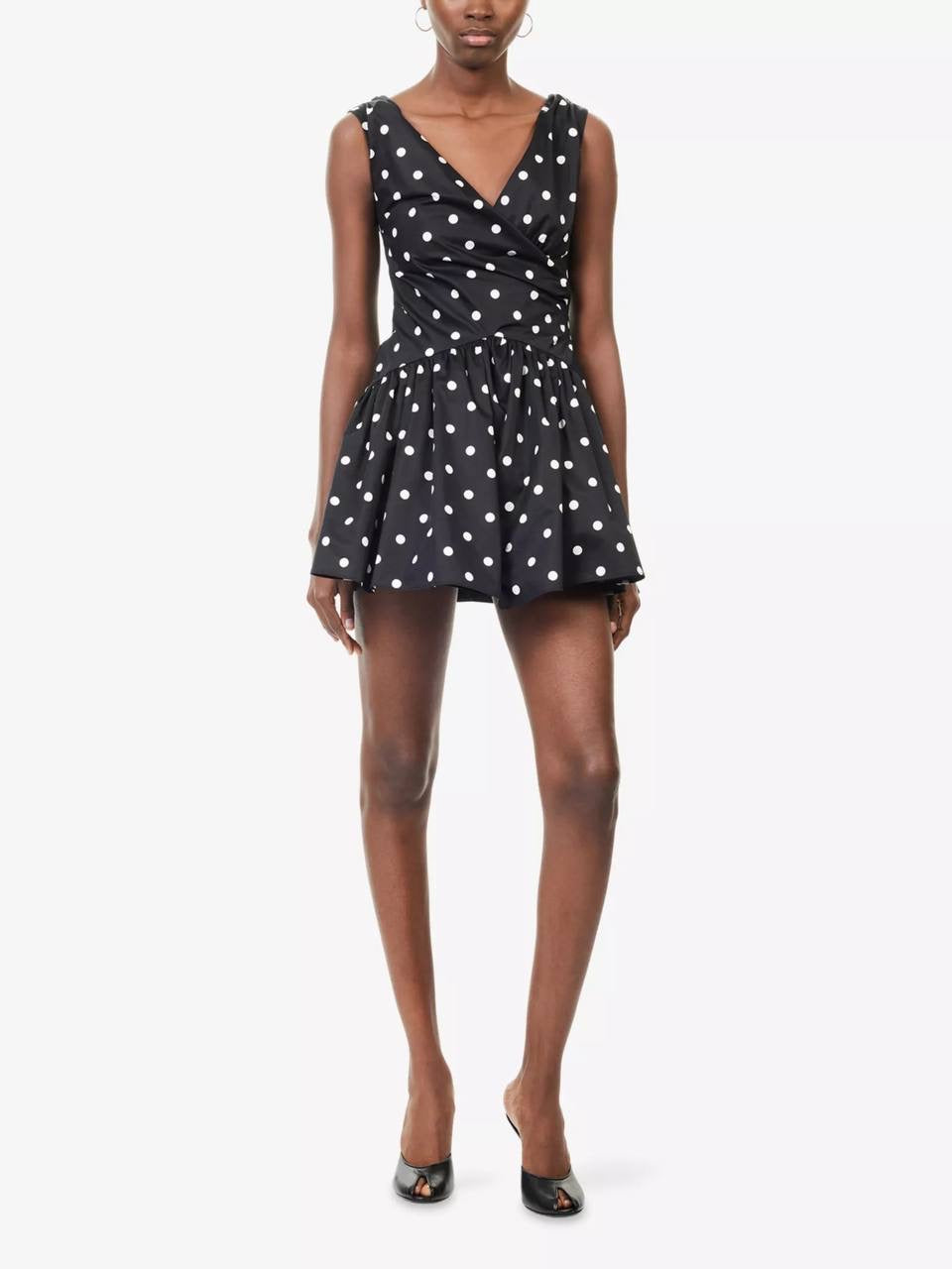 SP Black Polka Dot V-Neck Off Shoulder Cotton-Blend Mini Dress