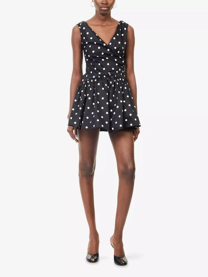 SP Black Polka Dot V-Neck Off Shoulder Cotton-Blend Mini Dress