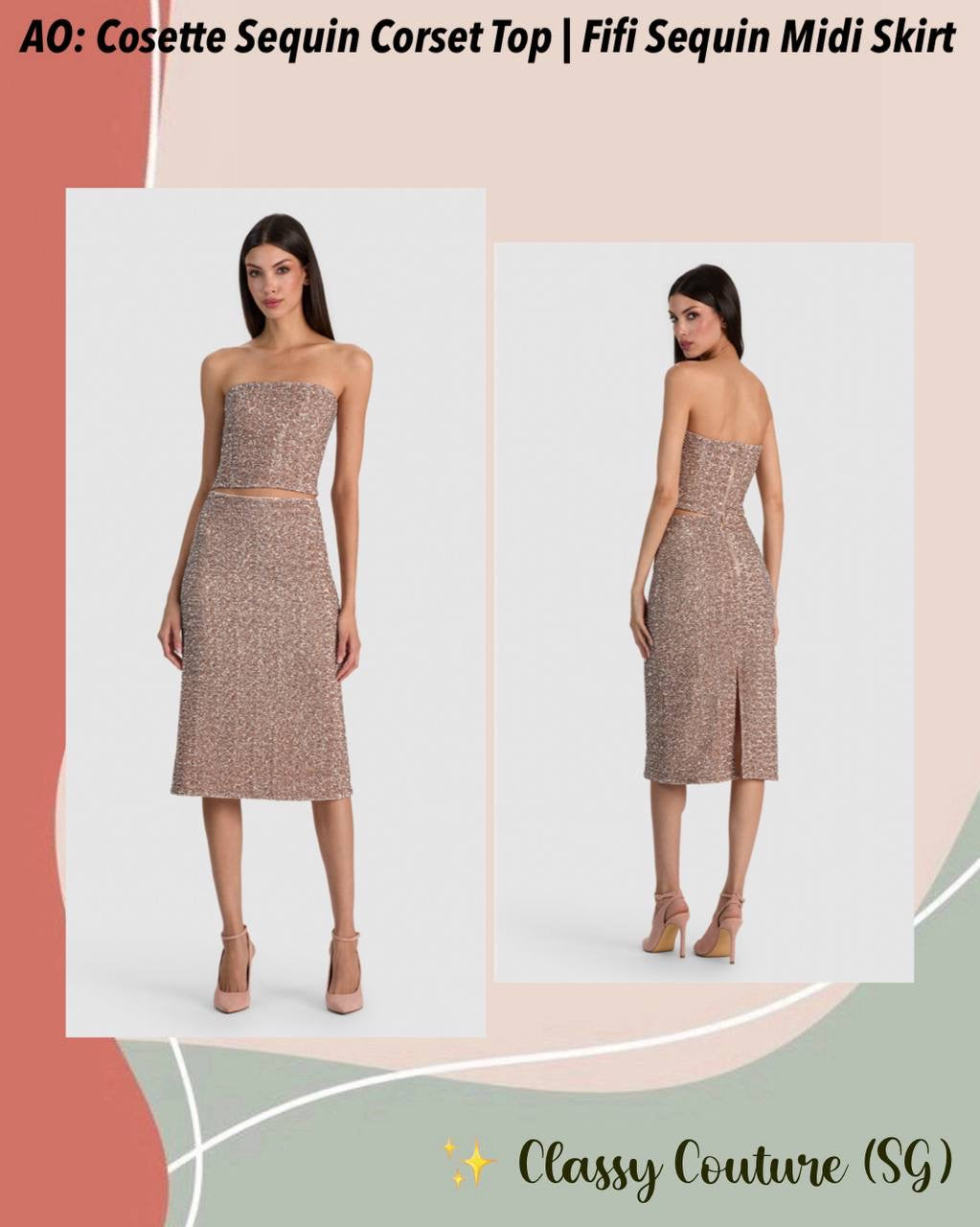 Cosette Corset Strapless Bandeau Top | Fifi Midi Skirt | Sequin Set