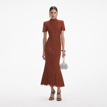 SP Brown Square Rhinestone Mesh Midi Dress